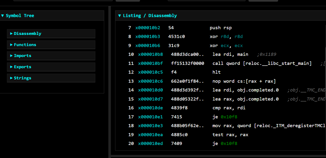 MetysAI user interface showing organized view of binary functions and imports