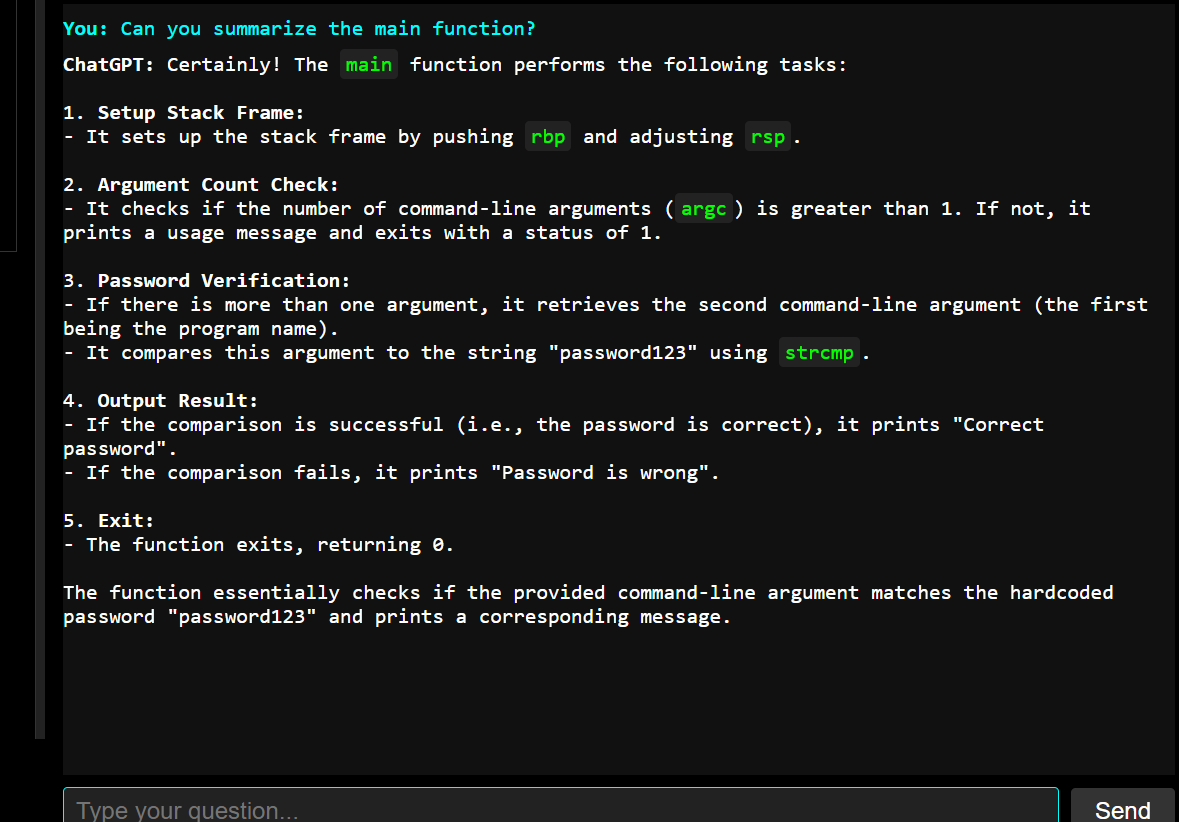 MetysAI interactive Q&A feature showing binary function analysis